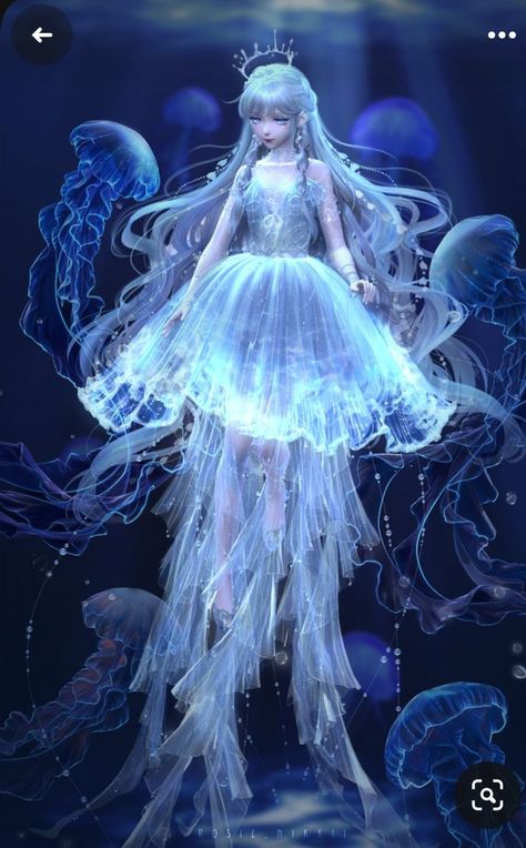 Jelly Fish Outfits, Jellyfish Inspired Outfit, Jellyfish Inspired Fashion, Ocean Themed Dress, Jellyfish Outfit, Jellyfish Oc, Jellyfish Dress, Mermaid Oc, Mermaid Anime