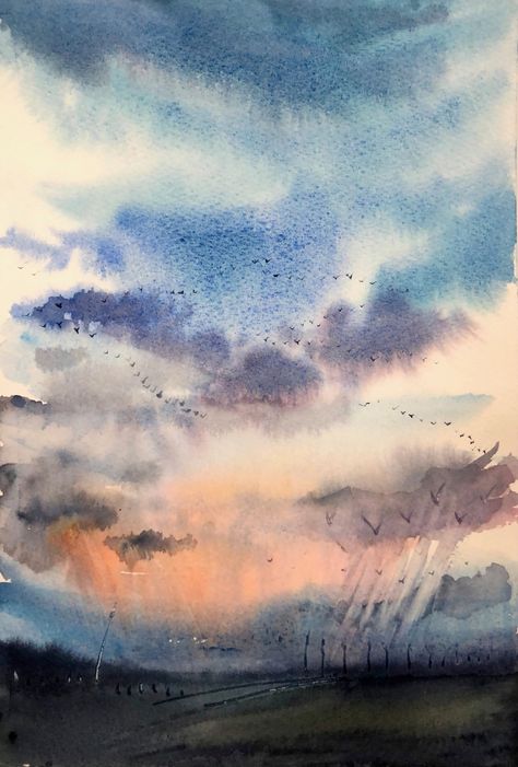 Dancing Clouds Original Watercolor Painting Clouds Art Landscape Painting Watercolor Sketch Tree Painting 7 by 11 Inches by Bogdan Shiptenko - Etsy Ukraine Cloud Artwork, Watercolor Painting Landscape, Sketch Landscape, Landscape Painting Watercolor, Painting Clouds, Painting Sky, Clouds Art, Artwork Watercolor, Cloud Art