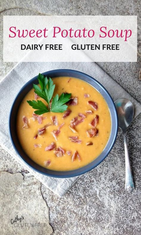 Potato Soup Dairy Free, Soup Dairy Free Gluten Free, Potato Soup Gluten Free, Sweet Potatoes And Onions, Roasted Sweet Potato Soup, Soup Dairy Free, Nightshade Free Recipes, Dairy Free Soup, Gluten Free Sides