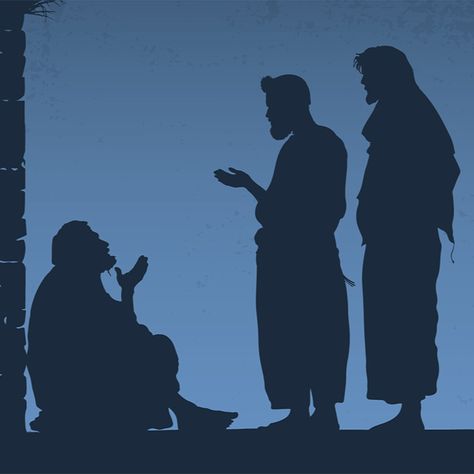 Silhouette of Peter and John talking to the lame man in Acts 3. Cover art from The Sent Ones. The Temple, The Model, The Community, Temple, Reading