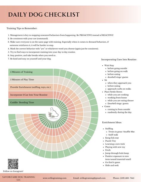 Training and  the little things with our dog sometimes get lost in our hectic schedules. Print out this checklist each month to help remind yourself to do these little things with your dog to enrich their life and help build your relationship to them.  Follow me on instagram for more dog info! @savoir_faire_dogtraining Dog Training Challenge, Daily Routine For Dogs, Dog Boarding Schedule, Dog Training Basics, Daily Dog Training Routine, Daily Dog Care Checklist, Esa Dog Training, Getting A Dog Checklist, Dog Training Checklist