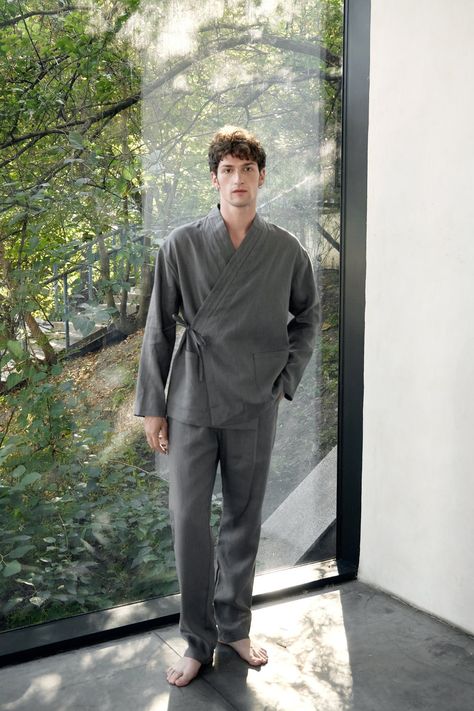 An elegant men's linen set is perfect for martial arts, health practices, for relaxing at home or at the resort. Thanks to the quality of natural fabric, you will feel very comfortable. It's a great choice if you're looking for specialty worker costume for a spa or hotel. The kimono suit made of 100% natural linen, Oeko-Tex certified, free of harmful chemicals. It keeps the temperature of the body + -4 degrees, these clothes are not hot in summer and not cold in winter. Linen allows the skin to breathe, is an anti-allergenic and is not electrified. This is a wear-resistant material and could be washed a lot of times. Kimono coat:  Straight-line-cut A tie-up around the waist Long sleeves 3 stitched lapels Length: 70cm/ 27.5"" Pants: Regular tapered cut with a roomy fit at the waist.  Comfor Mens Kimono Shirt, Lounge Wear Men, Kimono Set, Relaxed Fit Pants, Linen Kimono, Male Kimono, Men's Robes, Kimono Coat, Comfy Clothes