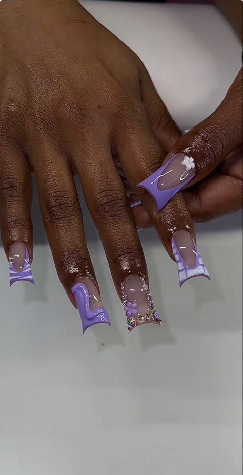 Short Dark Purple Acrylic Nails Design, Nails With Puff Ball, Eye Makeup On Brown Skin, Baddie Spring Nails, Short Nail Designs Purple, Valentine S Day Nail, Short Purple Acrylic Nails, Purple Nail Inspo Acrylic, Gemini Nails Designs