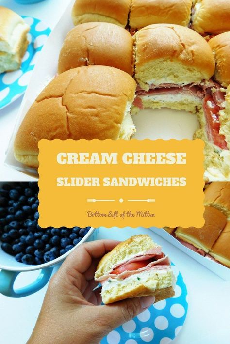 Cream Cheese Slider Sandwiches | Bottom Left of the Mitten #sliders #picnicrecipe #sandwich Sandwich Sliders, Herbed Cream Cheese, Sweet Hawaiian Rolls, Food Food Recipes, Slider Sandwiches, Lemon Asparagus, Cream Cheese Topping, The Mitten, Deli Meats