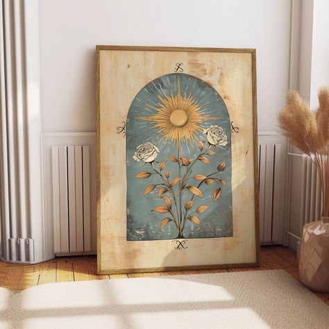 🌞 Sun Art Painting with Blue Background 🌟 | Norse Folk Art 🌿 | Mystical & Spiritual 🌸 | Floral Boho Decor 🌻 Illuminate your space with our Sun Art Painting with Blue Background! This mesmerizing piece of art marries traditional Norse folk art with a modern mystical twist. 🌿✨ 🌼 Key Features: Unique Folk Illustration: A stunning depiction of a radiant sun surrounded by delicate roses, evoking the timeless beauty of Norse spirituality. 🌞🌹 Vibrant Color Palette: Set against a serene blue ba Sun And Moon Art Nouveau, Sun Art Painting, Blue Wall Art Bedroom, Boho Meditation Space, Norse Spirituality, Boho Bedroom Wall Art, Folk Art Illustration, Boho Chic Art, Art Soleil