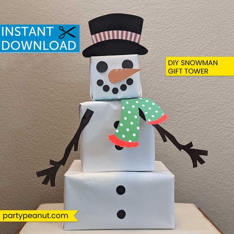 Snowman Gift Tower, Diy Snowman Gifts, Snowman Wrapping, Snowman Template, Box Snowman, Gift Boxes Christmas, Polar Plunge, Hamper Ideas, Printable Snowman