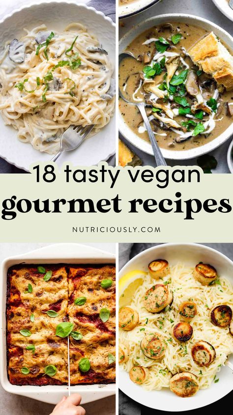 These fancy vegan gourmet recipes are perfect for date night and hosting guests! Fine dining ideas that are plant-based and easy to make. From perfectly prepared seitan steaks to vegan oyster Rockefeller, there is a dish here to impress the most coveted connoisseur! Vegan Fancy Dinner, Fancy Vegetarian Dinner, Oyster Rockefeller, Vegan Dinner Party, 5 Course Meal, Vegan Gourmet, Vegan Main Course, Tree Nut Allergy, Vegan Party