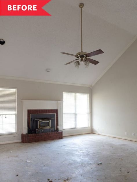 Before: Empty living room with slanted ceiling and fireplace between two windows Slanted Ceiling Living Room, Room With Slanted Ceiling, Abandoned Kitchen, Fixer Upper Welcome Home, Renovation Apartment, Mid Century Renovation, Marble Hearth, Room Focal Point, Scary Houses