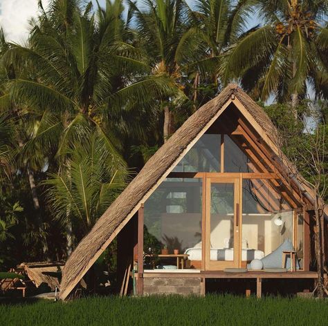 Bamboo House Design Small Spaces, Bamboo Huts Ideas, Small Bamboo House, Bamboo Cabin, Small Tropical House, Bamboo Cottage, Cozy Cabin Aesthetic, Bali Hut, Small Modern Cabin