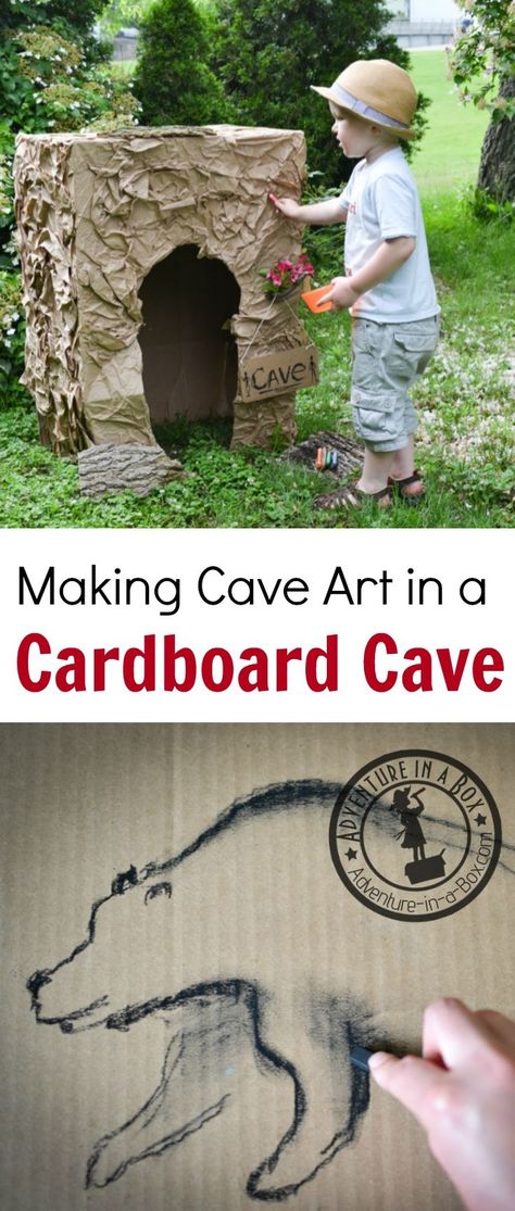 Build a cardboard cave and make cave art. A fun activity for studying history with kids! Prehistoric People, Studying History, Cave Art, Kids Adventure, The Cave, Study History, Kids Journal, Dramatic Play, Cardboard Crafts