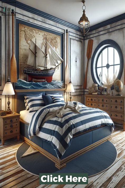 Top 30 Nautical Bedroom Idea Nautical Bedroom Ideas, Striped Bedspread, Bunk Room Ideas, Nautical Themed Bedroom, White Washed Floors, Nautical Bedroom, Cabin Bedroom, Classic Coastal, Bedroom Design Inspiration