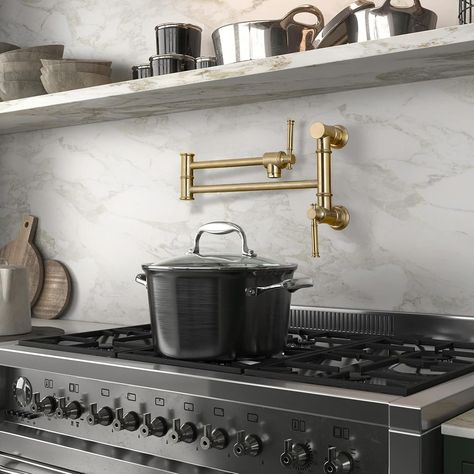 Aesthetic Gold Pot Filler Vessel Sinks Bathroom Vanity, Pot Fillers, Pot Filler Kitchen, Portable Sauna, Drop In Bathtub, Brass Pot, Bathtub Doors, Pot Filler Faucet, Cooking For A Crowd