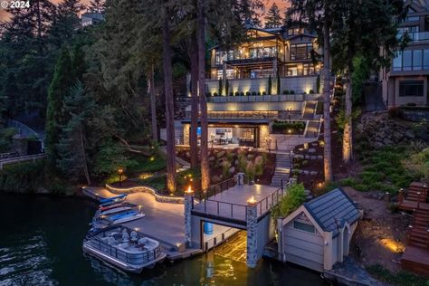 Rear view of the 9,273 Sq. Ft. Property in Lake Oswego, OR. Lake Oswego Oregon, Pool Shed, Porch House Plans, Ranches For Sale, Lake Oswego, Lakefront Homes, Mansions For Sale, Contemporary Style Homes, Craftsman Bungalows