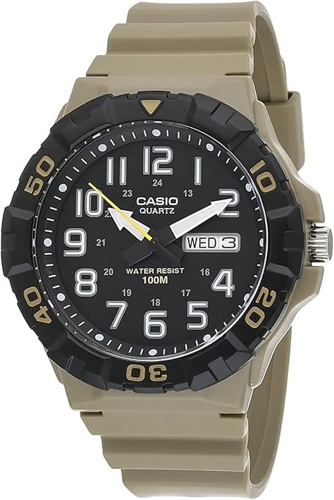 Amazon.com: Casio MRW200H Series | Men's Analog Watch | Beige/Black | Sporty Design | 100 Meter Water Resistance | Date Display | Rotary Bezel | Regular Time Keeping (HR, Min, SEC, PM, Date, Day) | 3 Year Battery : Clothing, Shoes & Jewelry Casio Mrw 200h, Fiat X19, Sporty Design, Analog Watch, Sports Watch, Digital Watch, Luxury Watch, Wrist Watches, Quartz Watch