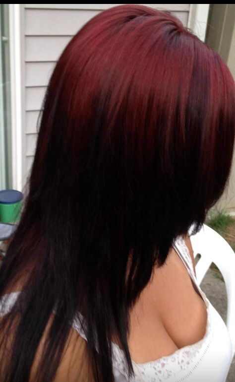 Red On Top Of Black Hair, Burgundy To Black Ombre Hair, Red To Black Hair Ombre, Red Top Black Bottom Hair, Red Black Ombre Hair, Red Roots And Black Hair, Red On Top Black On Bottom Hair, Red Hair With Black Ends, Red To Black Hair