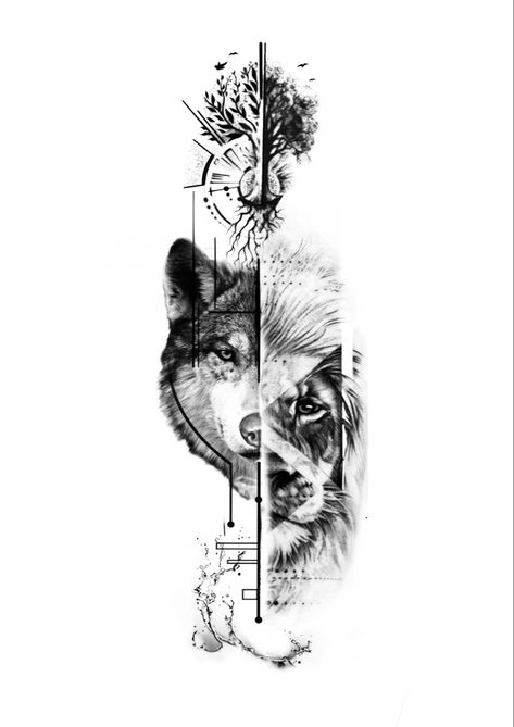 #pintrest #abstract #tattoostudio #tattoostencil #design #fashion #newtattoo #tattooideasformen #recipe #tattooart #tattooidea #lion #liontattoo #wolftattooideas #tree #waterwavehair #watercolor #drawing #refreshing #armtattoo #creative #sketch #ink #tattoodesignforwomen #tattoodesignsunique #nature #naturetattoo Creative Wolf Tattoo, Lion And Wolf Tattoo Design, Wolf And Lion Tattoo Together, Leo Tattoo Ideas Men, Lion And Wolf Tattoo, Wolf And Lion Tattoo, Wolf Tattoos Men, Tattoo Lion, Geometric Sleeve Tattoo