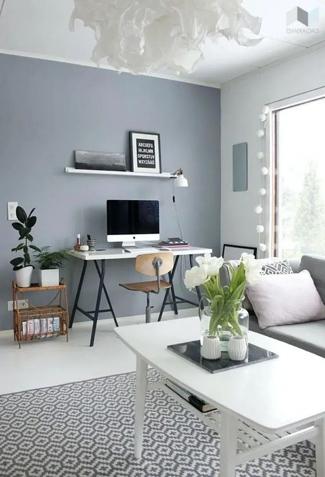 40 Best Two Colour Combination for Living Room Gray Walls, A Living Room, Computer Desk, The Wall, Coffee Table, Computer, Desk, Paint, Living Room