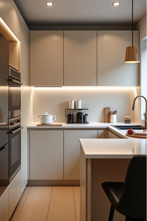 Modern small kitchen with sleek cabinets and fold-down table Small Modern Kitchen Cabinet Design, Kitchen U Shape Small, Smart Apartment Design, Small U Kitchen, Sleek Kitchen Cabinets, Handleless Kitchen Cabinets, Compact Kitchen Design, Handleless Cabinets, Illusion Of Space