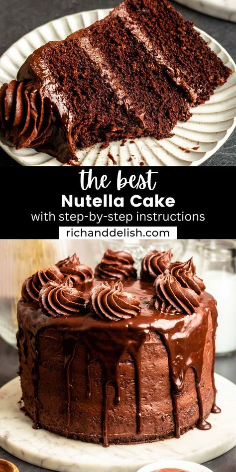 This incredible Nutella cake is made with chocolate hazelnut cake layers, frosted with Nutella buttercream, and topped with chocolate ganache. Chocolate Cake And Chocolate Frosting, Chocolate Cake With Nutella Frosting, Nutella Cake Recipes, Three Chocolate Cake, Chocolate Birthday Cake Recipe, Chocolate Nutella Cake, Chocolate Cake With Nutella, Nutella Birthday Cake, Healthy Chocolate Mug Cake