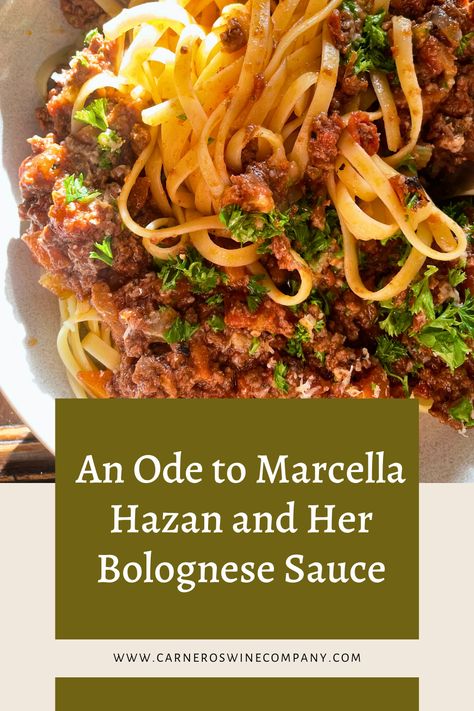 An Ode to Marcella Hazan and Her Bolognese Sauce: In this post, I would like to highlight her most popular recipe, Bolognese. With the long cook time and simple ingredients, it is the perfect recipe for a gathering of loved ones, or my personal favorite, save a bit to put on toast in the morning with a runny egg and freshly grated parmesan on top. Pair it with the Vermentino and a simple dandelion greens and red wine vinaigrette salad with shredded parmesan on top for a perfect meal. Marcella Hazan Bolognese, Marcella Hazan, Dandelion Greens, Runny Eggs, Vinaigrette Salad, Red Wine Vinaigrette, Bolognese Sauce, Wine Food Pairing, On Toast