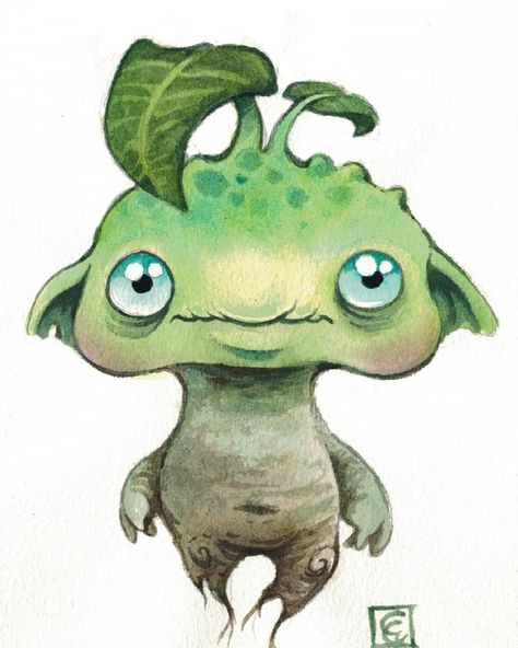 Watercolor #mandrake #watercolor #green #herbal #cute #designer #design #chibi #kawaii #leaf #root #magical #herb #eyes #wicca #monster #wee Mandrake Art, Chibi Creatures, Leaf Monster, Kitchen Mural, Plant Monster, Herb Art, Monster Drawing, Watercolor Green, Forest Creatures