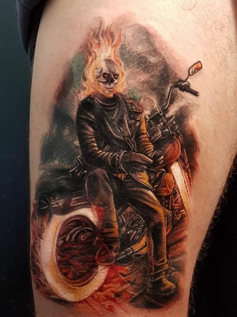 Ghost Rider - Naughty Needles Tattoos Rider Tattoo For Men, Ghost Rider Tattoo Design, Motorcycle Tattoos For Men, Rider Tattoo, Motocross Tattoo, Ghost Rider Tattoo, Biker Tattoo, Harley Tattoos, Motorcycle Tattoo