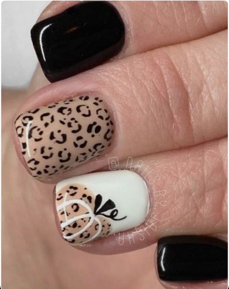 Pumpkin And Leopard Nails, Fall Leopard Pumpkin Nails, How To Do Halloween Nails, Leopard Print Pumpkin Nails, Nail Art Designs Leopard Print, Dip Nail Ideas For Fall, Yellowstone Nails Design, Cheetah Print Fall Nails, Cheetah Pumpkin Nails