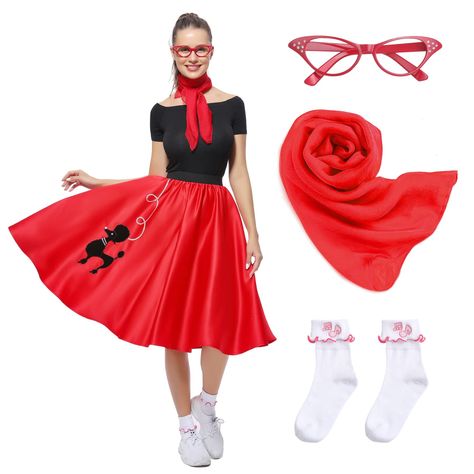 PRICES MAY VARY. 4 Pcs 50s Vintage Costume Set-Package Comes with all about 50s dress-up,includes a women's poodle skirt,a sheer chiffon scarf,a pair of cute stretchy white socks and a cat eye glasses. There are three sizes:S/M(skirt length 24.8"),L/XL(skirt length 25.6"),PLUS(skirt length 26.4"),fit women of all shapes and sizes.The poodle skirt features an elastic waistband,to provide a suitable,comfirtable wear.Four colors to choose:pink,red,blue,purple. Made of 100% polyester，the surface of 50s Dress Up, Skirt With Scarf, 1950s Costumes, Sock Hop Costumes, 1950s Poodle Skirt, 50s Costume, 1950s Costume, 50s Party, 50's Fashion