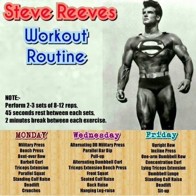 Steve Reeves Workout Routine | Monsterabs Male Fitness, Steve Reeves Workout, Healthy Masculine, One Arm Dumbbell Row, Concentration Curls, Standing Calf Raise, Steve Reeves, Dumbbell Curls, Full Body Workout Routine