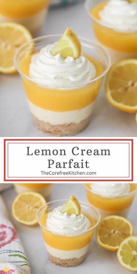 This easy Lemon Parfait recipe is a refreshing no bake dessert that’s full of bright flavors and fun textures.  It’s got a Nilla Wafer crust topped with layers of creamy lemon curd, tangy cheesecake filling, and fluffy homemade whipped cream. #thecarefreekitchen #lemon #dessert #parfait #lemonparfait #lemoncurd #nobake #cheesecake Lemon Cake Dessert Cups, Lemon Cheesecake Dessert Cups, Lemon Curd Cups, Lemon Pudding Cups, No Bake Lemon Cheesecake Cups, Lemon Parfait Cups, Mini Dessert Cups Recipes No Bake, Lemon And Cream Cheese Recipes, Lemon Curd Parfait