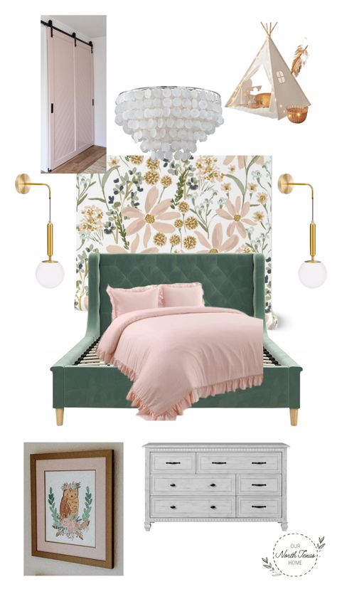 Mint Green Pink And Gold Bedroom, Sage Pink And Gold Bedroom, Sage Walls Pink Bedding, Olive Green And Light Pink Bedroom, Cozy Pink And Green Bedroom, Sage Green Pink And Gold Bedroom, Green Bedroom Pink Accents, Pink Green Blue Color Scheme Bedroom, Blush And Emerald Bedroom