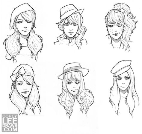 sketching hair with hats Sketching Hair, Sketches Hair, Fashion Illustration Hair, Hair With Hat, Hairstyles For Characters, Drawing Hairstyles, Fashion Model Sketch, Model Sketch, Fashion Drawing Sketches