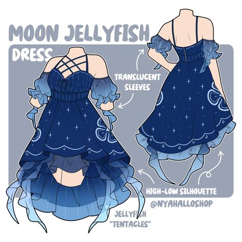 Moon jellyfish dress concept 🪼 I love love loveeee this dress 😭 If you're vibing with this idea, give this post some love! We're talking about turning this concept into a real, wearable dress (which, let's be real, costs a pretty penny to make). Now, about those straps: they're gonna be so comfy, you might forget you're wearing them! I'm all about that soft, stretchy life...no itchy fabrics here! As a neurodivergent soul, I'll be making sure this dress is as sensory-friendly as it is stunnin... Comfy Core Outfits, Jellyfish Dress, Moon Jellyfish, Vestidos Anime, Dress Design Drawing, Art Outfits, Sensory Friendly, Fashion Drawing Dresses, Clothing Design Sketches