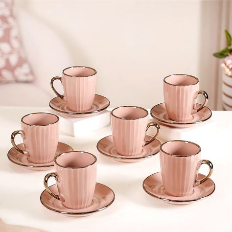 Spilling the tea never looked this stylish! ☕😉 Shop now and make your Eid moments picture-perfect with our exquisite cups and mugs. 🛍️☪️ Products included: 1. Lavish Gold Teacup Set Of 6 Blue 280ml 2. Emirati Gold Teacup Set Of 6 Coral Pink 280ml 3. Golden Mirage Cup Set Of 6 280ml 4. Emirati Gold Tea Cup Set Of 6 Green 280ml 5. Cup With Spoon Set Of 6 Glossy Dark Green 350ml 6. Set Of 6 Green Ceramic Cup For Coffee 330ml 7. Set Of 6 Embossed Blue Coffee Mug 330ml 8. Nori Cup And Saucer Se... Hygge Coffee, Fill Your Cup, Gold Tea, Blue Coffee Mugs, Teacup Set, Unique Breakfasts, Champagne Pink, Pink Cups, Mint Gold