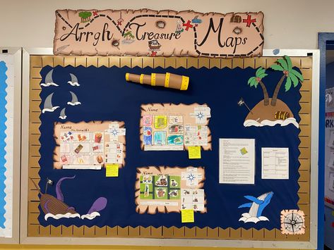 Treasure Map Bulletin Board, Pirate Bulletin Boards, Map Bulletin Board, Pirate Theme Classroom, Ocean Theme Decorations, Elementary Classroom Themes, Pirate Treasure Maps, Treasure Map, Theme Classroom