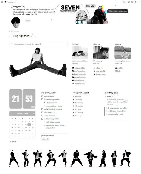 #Savings_Notion_Template #Enhypen_Notion_Template #Notion_Diary_Ideas #Notion_Template_Mobile Enhypen Notion Template, Notion Kpop Aesthetic, Kpop Notion Ideas, Notion Black And White, Kpop Notion Template, Notion Kpop, Notions Aesthetic, Aesthetic Weekly Planner Template, Kpop Planner