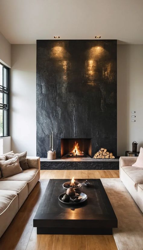 modern living room with beige couch and a black wooden table. an accent wall in black tiles with a built-in fireplace Fireplace Ideas With Tile, Living Room With Tiles, Tiles On Fireplace, Black Modern Fireplace, Dark Stone Fireplace, Scandinavian Fireplace Ideas, Modern Living Room With Fireplace, Minimal Fireplace, Black Fireplace Wall