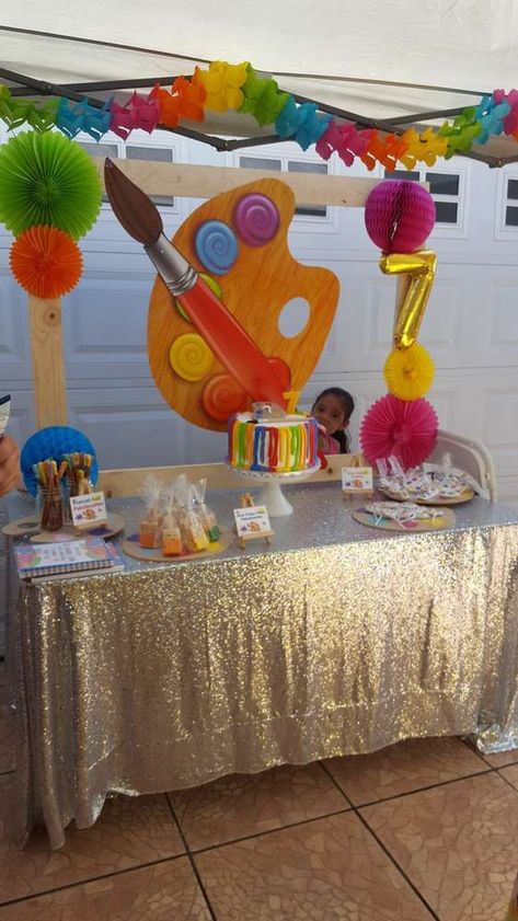 Art And Craft Theme Birthday Party, Artist Party Decorations, Art Themed Birthday Party Ideas Cake, Art Birthday Decorations, Paint Party Decorations For Kids, Kid Paint Party Ideas, Kids Paint Birthday Party, Art Party Decorations Ideas, Canvas Painting Birthday Party