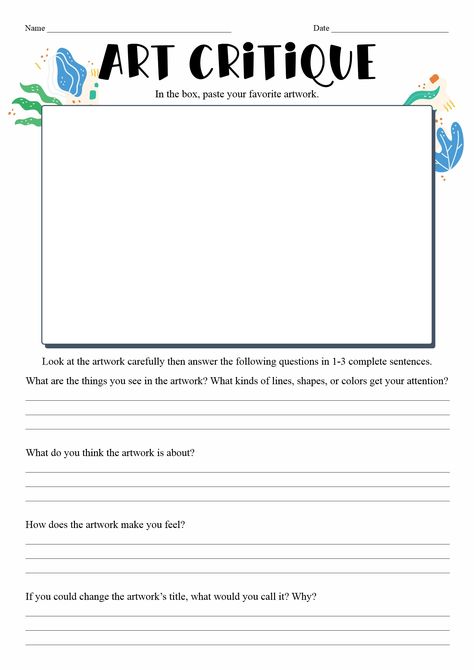 Elementary Art Critique Worksheet How To Critique Art, Art Reflection Worksheet, Art Critique Worksheet, Art Worksheets Middle School, High School Art Worksheets, Art Documentation, Art Worksheets Printables, Elementary Art Lesson Plans, Elementary Worksheets