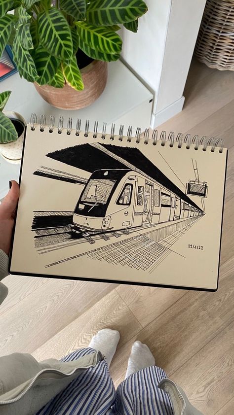 Perspective Art Drawing, Drawing Ideas Perspective, Bic Pen Drawing Sketches, Train Perspective Drawing, Perspective Art Painting, Drawing Book Sketchbooks, One Point Perspective Painting, 3 Perspective Drawing, Perspective Drawing People