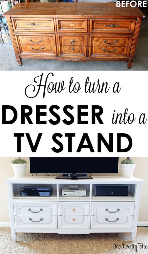 GREAT step-by-step tutorial on how to turn an old dresser into a TV stand!  Total cost: $83! Diy Tv Stand, Furniture Rehab, Old Dressers, Furniture Redo, Refurbished Furniture, Flipping Furniture, Furniture Makeovers, Redo Furniture, How To Turn