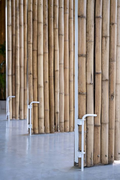 Rotating bamboo screens surround Furnish Studio in Thailand Bamboo Store, Batten Walls, Bamboo Screening, Bamboo House Design, Timber Screens, Interlocking Bricks, Bamboo Architecture, Bamboo Construction, Bamboo House