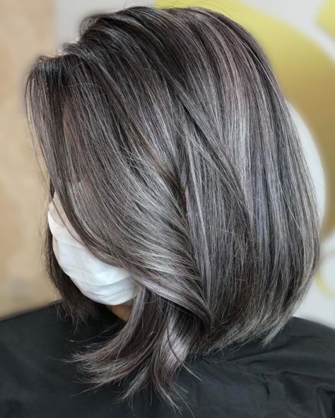 Ash Brown Balayage Shoulder Length, Natural White Hair, Ash Grey Hair, Gray Highlights, Black And Grey Hair, Dark Grey Hair, Grey Hair Care, Gray Balayage, Grey Hair Transformation