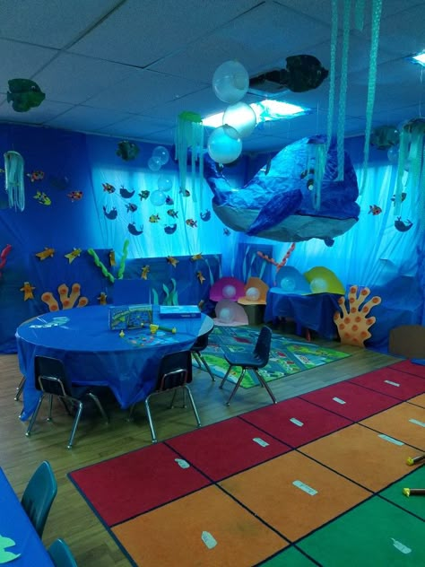 Vbs Ocean Theme, Ocean Classroom, Under The Sea Decorations, School Hallway, Ocean Theme Classroom, Ocean Room, Classroom Transformation, Sea Decor, Under The Sea Theme