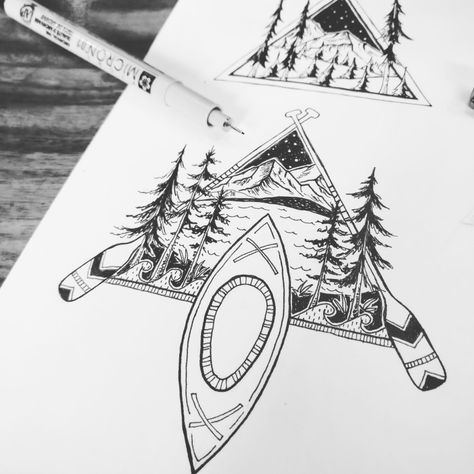 Adventure Kayaking tattoo design by Kirstie Drews // #pines #drawingoftheday #nature #explore #wanderlust #kayak #hike #mountains #vagabond #tattoodesign Pines Tattoo, Outdoor Tattoo, Camping Tattoo, Adventure Tattoo, Tattoo Nature, Kunst Tattoos, Tattoo Zeichnungen, Disney Tattoo, E Tattoo