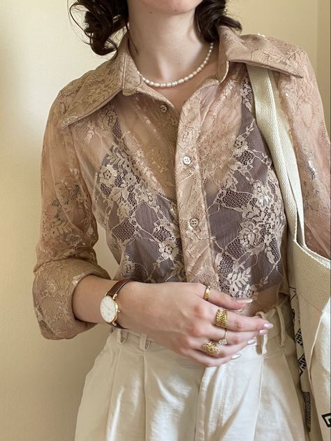 Neutral, neutral tones, lace, fashion inspo, minimal style, minimalist Lace Button Up Shirt Outfits, Lace Button Up, Lace Shirt Outfit, Beige Shirt, Beige Outfit, Lace Button, Lace Outfit, Fashion 2024, Brown Top