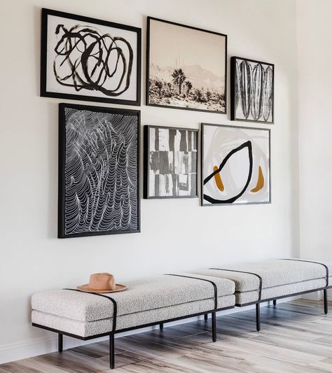 MADDIE CULLEN on Instagram: “A high contrast gallery wall + boucle benches were the perfect transition from entryway to kitchen in our #ModernMancave project! 📷:…” Bench For Foyer, Modern End Of Bed Bench, Living Room Bench Seating Ideas, Accent Bench Living Room, Bench Design Interior, Foyer Apartment, Wall Bench Seating, Entry Benches, Living Room Bench Seating