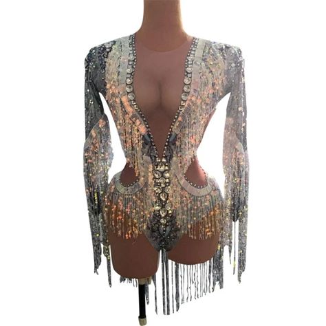 Sparkly Rhinestones Sequin Tassels Bodysuit Stretch Long Sleeve Leotard Nightclub Dj Singer Ds Costume Party Show Stage Outfits - Chinese Folk Dance - AliExpress Party Bodysuit, Dance Jumpsuit, Sequin Leotard, Singer Costumes, Bodysuit Costume, Fashion Costume, Silver Rhinestone, Rave Outfits, Performance Outfit