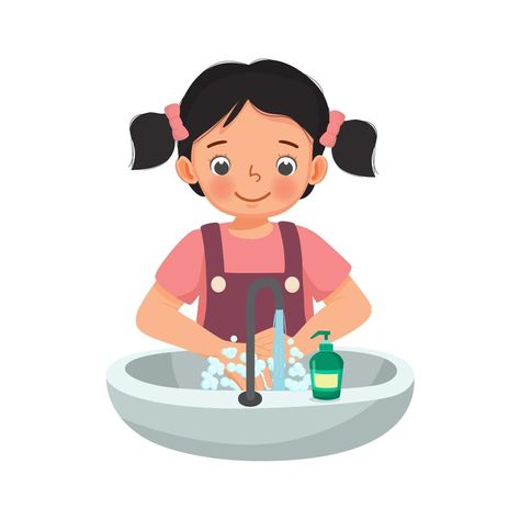 Cute Young Girl washing hands with antibacterial soap and running water under faucet at the sink as prevention against Virus and Infection and personal hygiene Washing Hands Activities, Sink Drawing, Kids Hygiene, Social Media Icons Vector, Classroom Interior, Baby Room Themes, Chinese Language Learning, Water Drawing, Antibacterial Soap