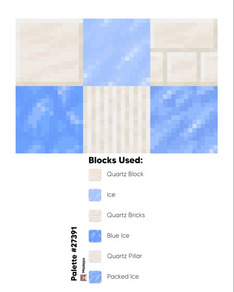 Every Minecraft Block, Minecraft Frozen Build, Ice Kingdom Minecraft, Quartz Pillar Minecraft, Minecraft Ice Sculpture, Blue Castle Minecraft, Blue Block Pallet Minecraft, Minecraft Castle Palette, Blue Minecraft Palette